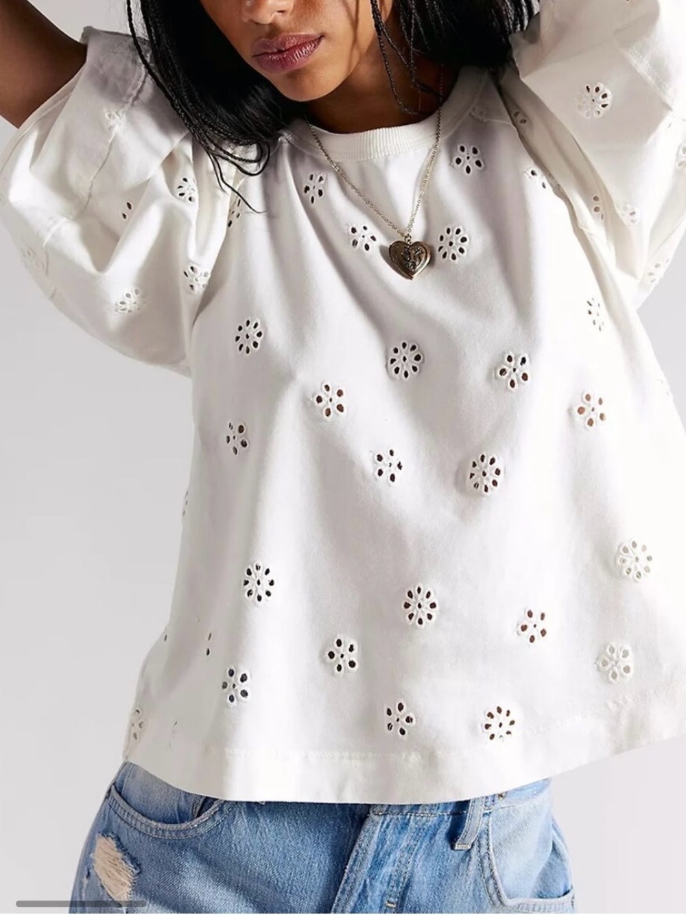 Free People White Eyelet Puff-Sleeve Sweatshirt